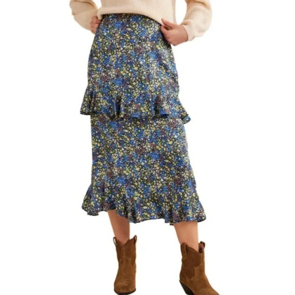 Boden Womens Skirt UK 12 US 8 Multicolored Floral Tiered Ruffled Midi R0284 NWT